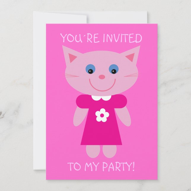 Invitación La fiesta de cumpleaños rosada bonita del gato (Anverso)