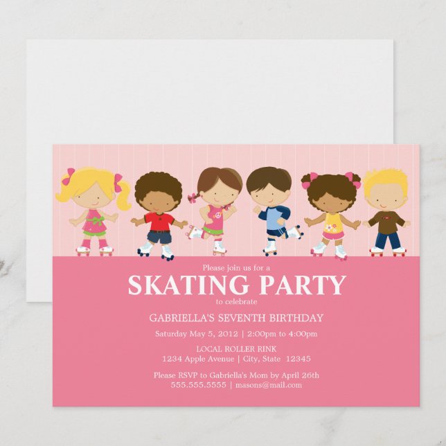 Invitación La fiesta de cumpleaños rosada de los patinadores (Anverso / Reverso)