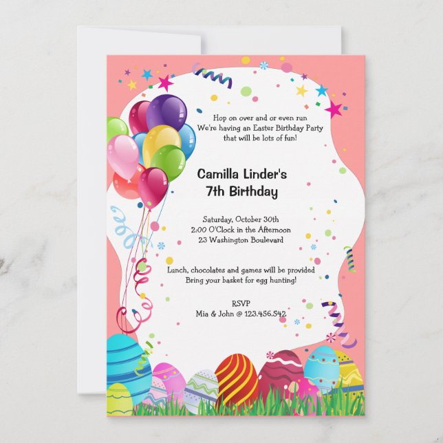 Invitación La fiesta de cumpleaños rosada de pascua domingo (Anverso)