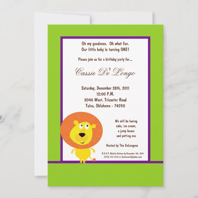 Invitación la fiesta de cumpleaños verde eléctrica del león (Anverso)
