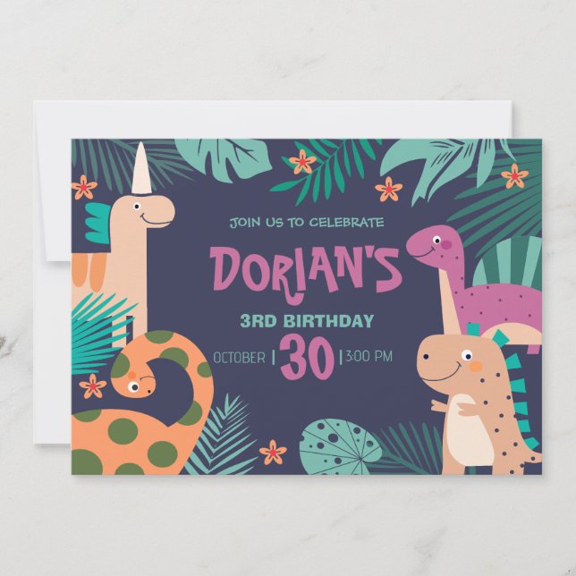 Invitación La fiesta de dinosaurios del 3er cumpleaños de Dor (Anverso)