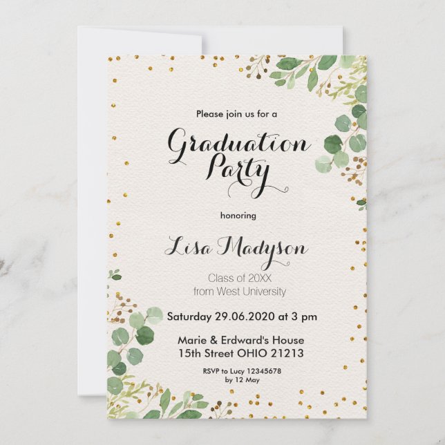 Invitación La fiesta de graduación del verdor del oro invita (Anverso)
