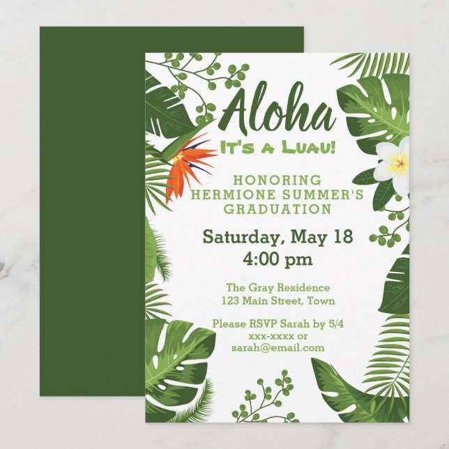 Invitación La fiesta de graduación hawaiana tropical de Luau (Anverso / Reverso)