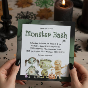 Invitación La fiesta de Halloween de Bash, un monstruo espelu