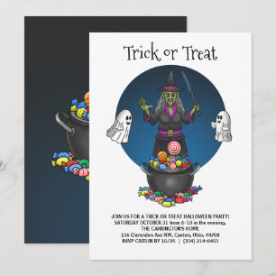 Invitación La fiesta de Halloween de truco o trato de la Bruj