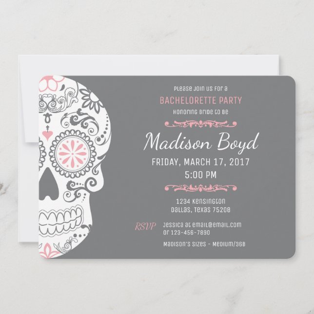 Invitación La fiesta de la Bachelorette Skull del azúcar invi (Anverso)