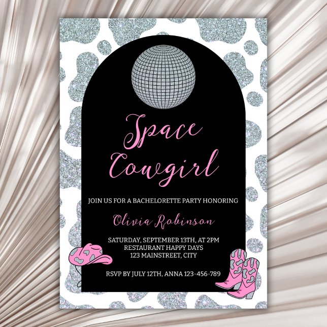 Invitación La fiesta de la bachillerato de la impresión de va (space cowgirl disco bachelorette party invitation)