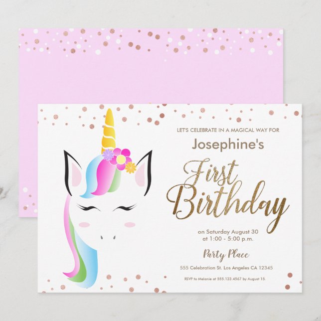 Invitación La fiesta de primer cumpleaños de una niña de unic (Anverso / Reverso)