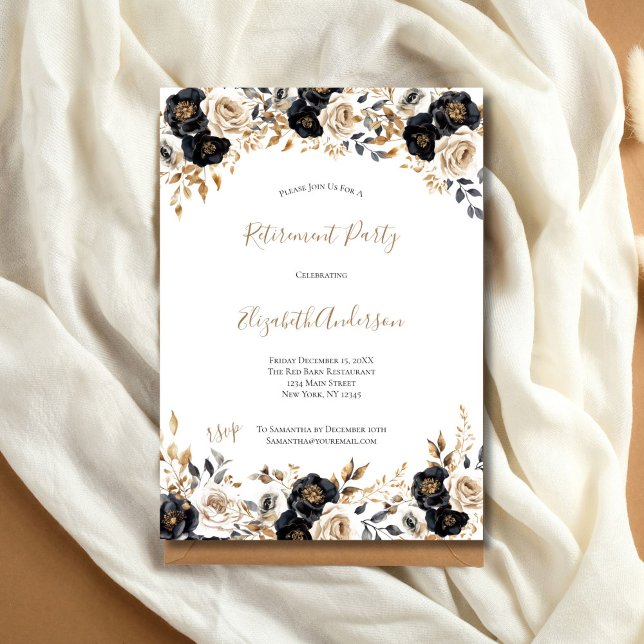 Invitación La Fiesta de retiro elegante y floral de oro negro (Black Gold Watercolor Floral Elegant Retirement Party Invitation for her)