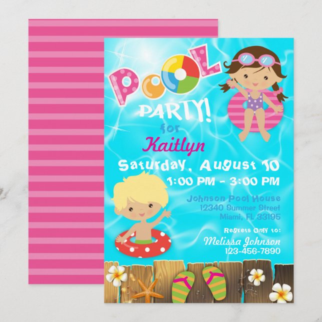 Invitación La fiesta en la piscina embroma cumpleaños de la (Anverso / Reverso)