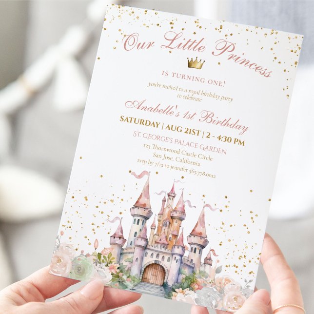Invitación La flamante princesa Rubor Gold Crown 1er cumpleañ (Little Princess Blush Gold Crown 1st Birthday Invitation)