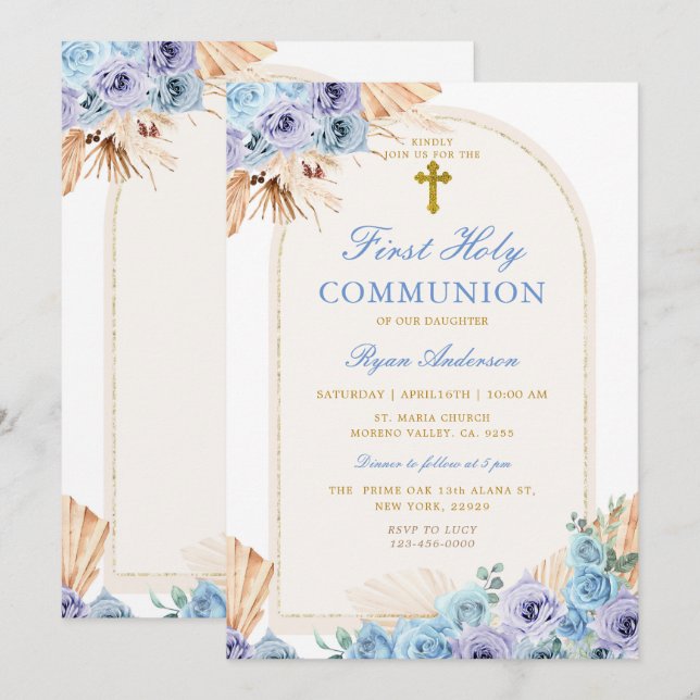 Invitación La flor azul Boho Arch Primera cruz de la comunión (Anverso / Reverso)