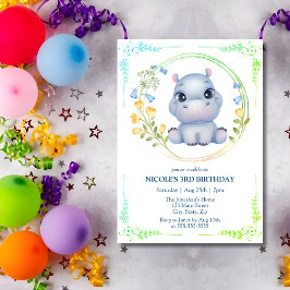 Invitación La flor de Hipopótamo Cute Wreath tercer cumpleaño