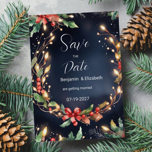 Invitación La flor de los Navidades azules rojos fue Save the (Red blue Christmas flower wreathe Save the Date)