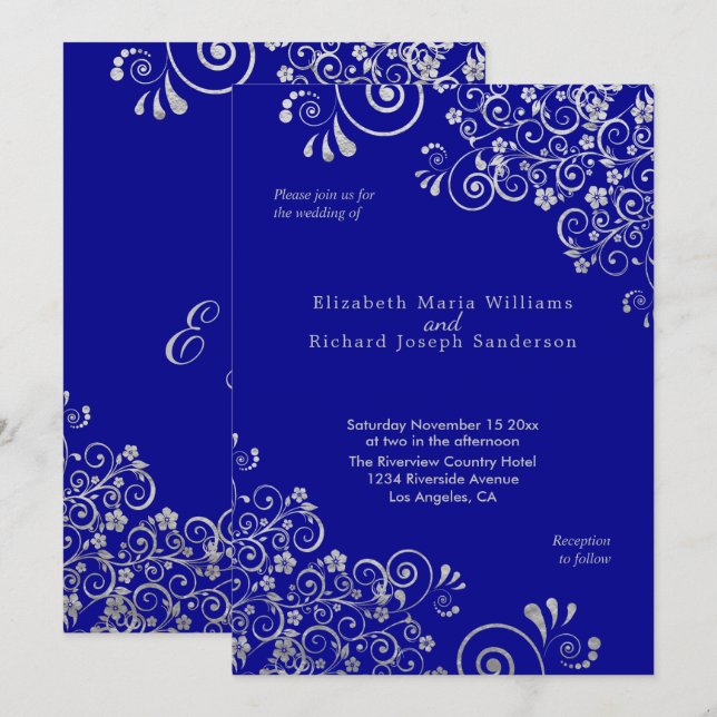Invitación La flor de plata elegante remolina boda de los (Anverso / Reverso)