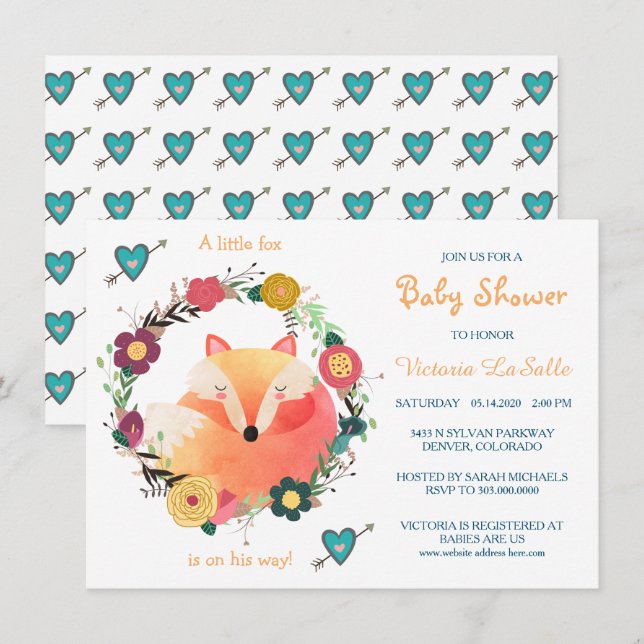 Invitación La flor floral de Fox Little Sleeping Wreath Baby  (Anverso / Reverso)