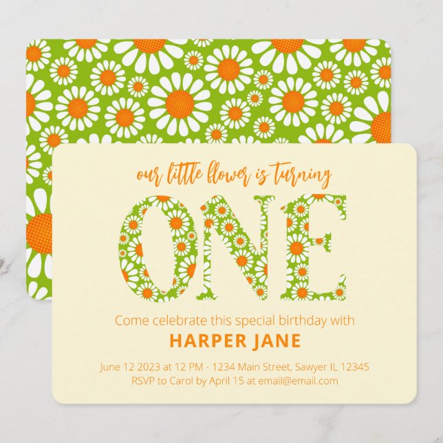 Invitación La flor pequeña cute de margarita primer cumpleaño (Anverso / Reverso)