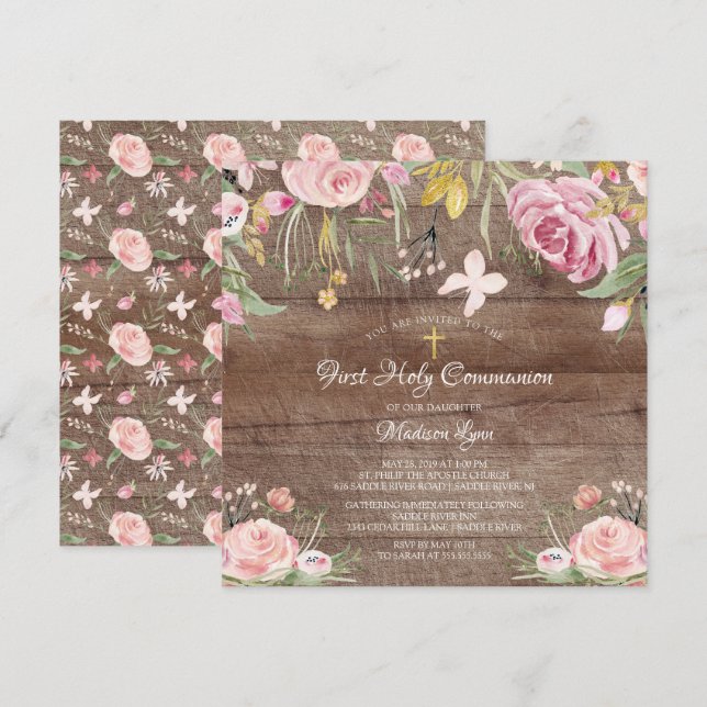 Invitación La flor rosa de Rubor ruidosa, primera comunión sa (Anverso / Reverso)