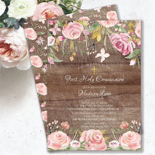 Invitación La flor rosa de Rubor ruidosa, primera comunión sa