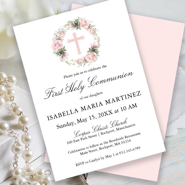 Invitación La flor rosa rosada de la primera comunión (Subido por el creador)