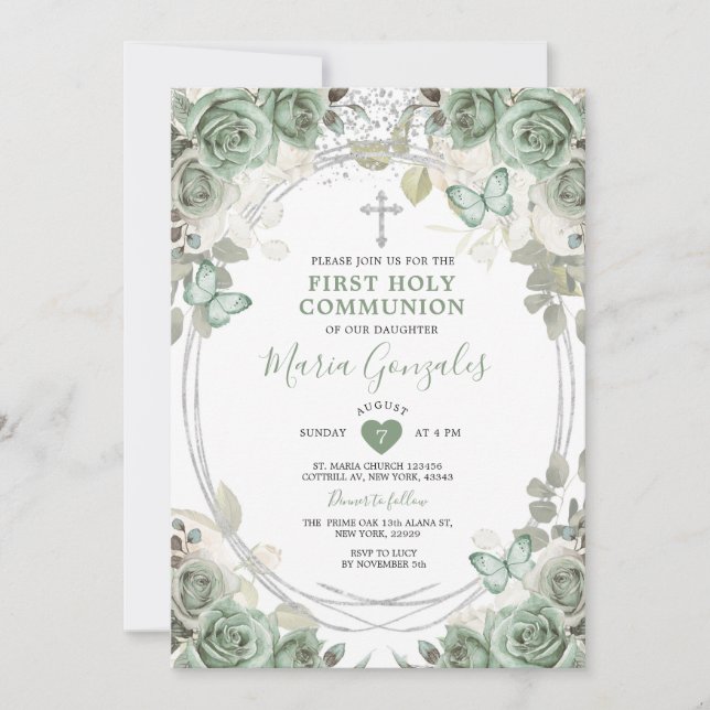 Invitación La flor verde dura primera comunión sagrada (Anverso)