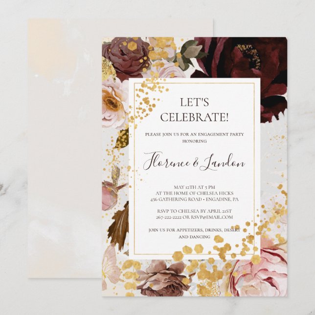 Invitación La floral acuarela moderna de Rubor celebremos (Anverso / Reverso)