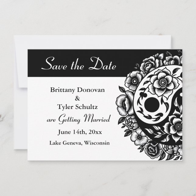 Invitación La floral blanca negra Yin Yang Wedding Salva la f (Anverso)