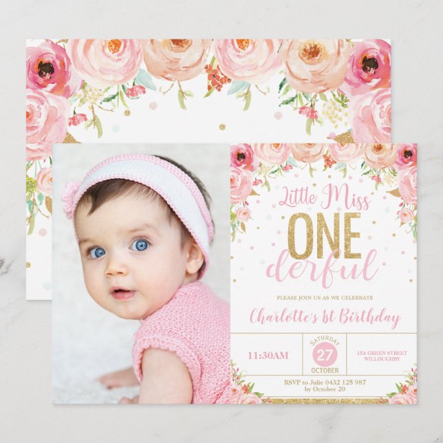 Invitación La floral de la pequeña Miss Onebeauoré de primer  (Anverso / Reverso)