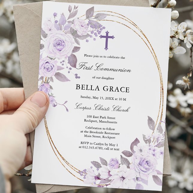 Invitación La floral floral Rosa púrpura rusa, primera comuni (Subido por el creador)