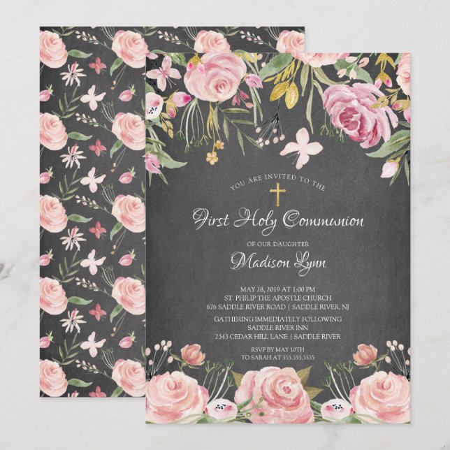 Invitación La floral rosa de Rubor moderna: primera comunión  (Anverso / Reverso)