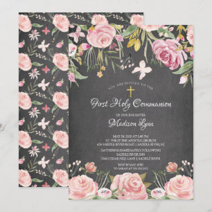 Invitación La floral rosa de Rubor moderna: primera comunión 