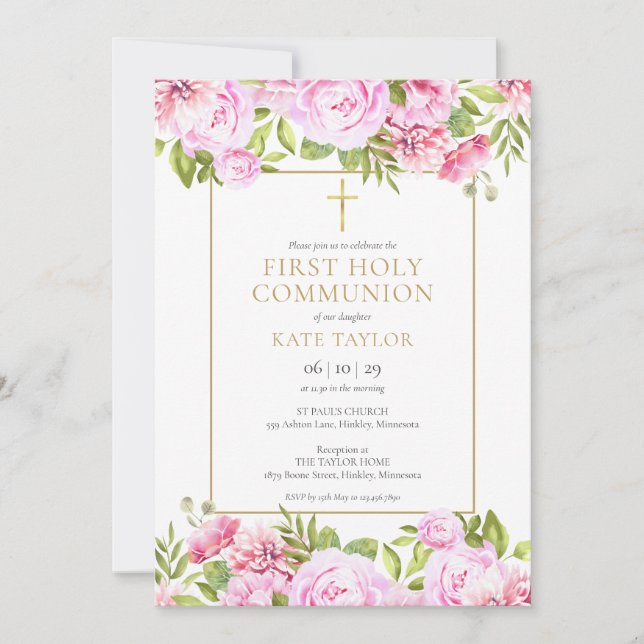 Invitación La floral rosa es la primera comunión sagrada (Anverso)