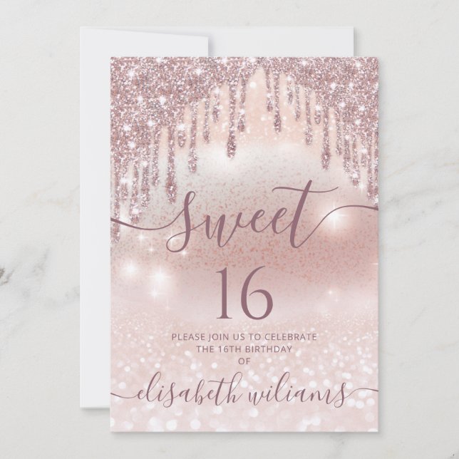 Invitación La foto adorable rosa oro purpurinoso gotea en un  (Anverso)