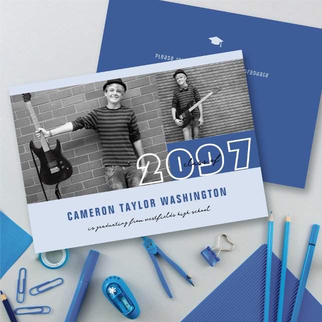 Invitación La foto azul moderna de 2 bloquea una simple fiest (Modern Blue 2 Photo Blocks Simple Graduation Announcement & Party Invitation @ fatfatin)