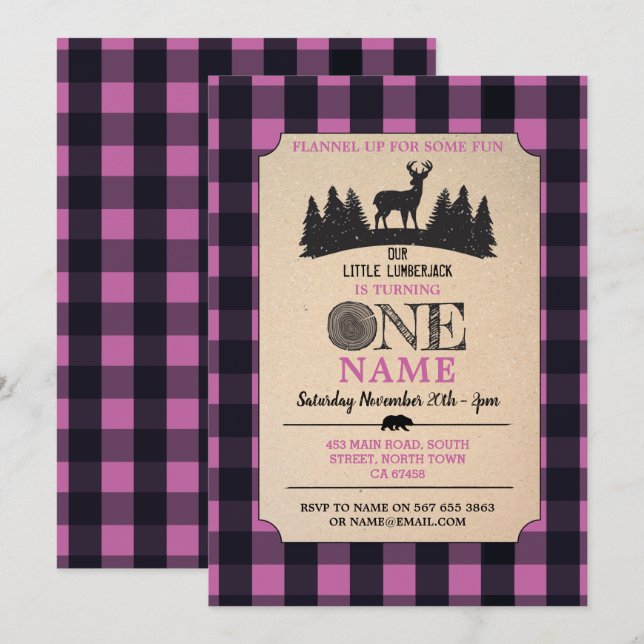 Invitación La franela rosada del cumpleaños UNO del leñador (Anverso / Reverso)