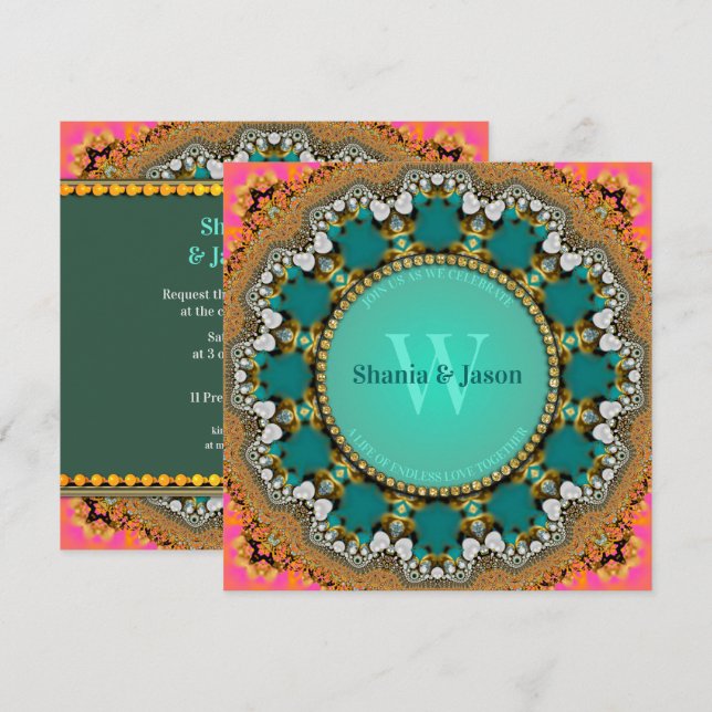 Invitación La fusión tribal de joyas oriental, oro Verde azul (Anverso / Reverso)