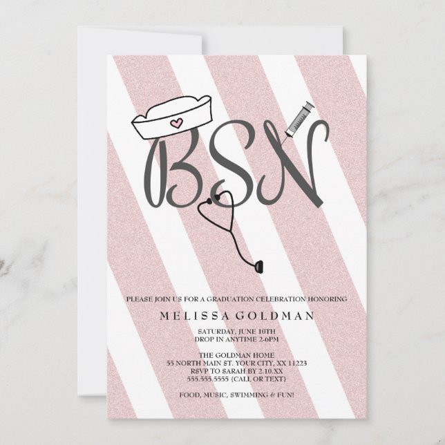 Invitación La graduación de BSN DIVERTIDA invita a purpurina  (Anverso)