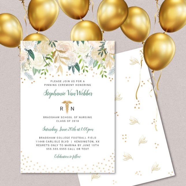 Invitación La graduación de White Floral Gold Confetti RN inv (Subido por el creador)