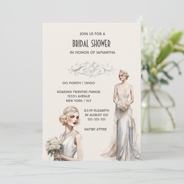 Invitación La gran ducha de novia Gatsby marfil blanco (Anverso de pie)
