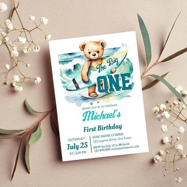 Invitación La gran fiesta de cumpleaños del surf (The big one surfing ocean themed birthday party template invitation instant download surfer tedddy)