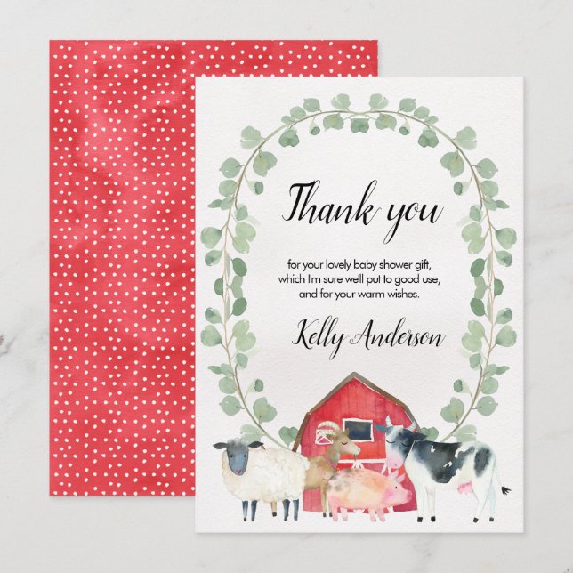 Invitación La granja Baby Shower temático le agradece cardar (Anverso / Reverso)