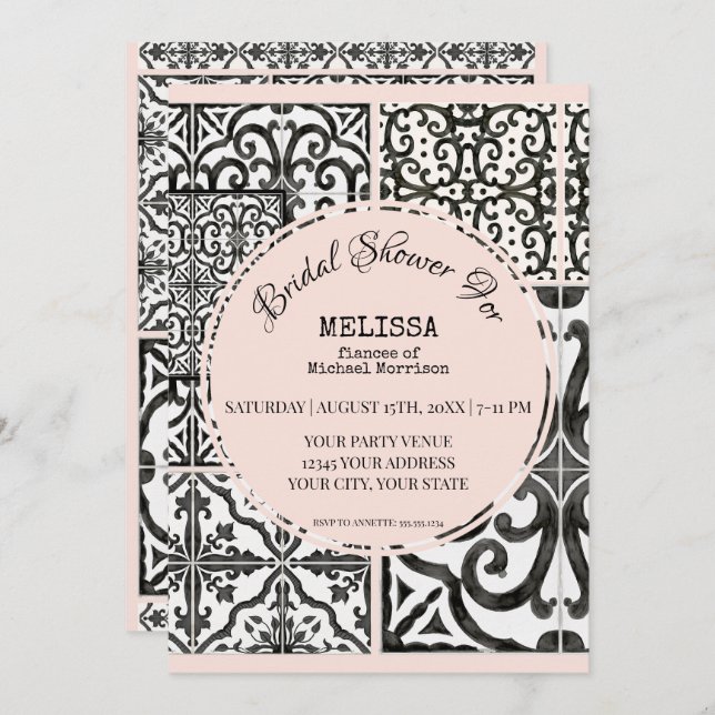 Invitación La Hacienda Tile Negra Rubor Moderna Ducha Bridal (Anverso / Reverso)