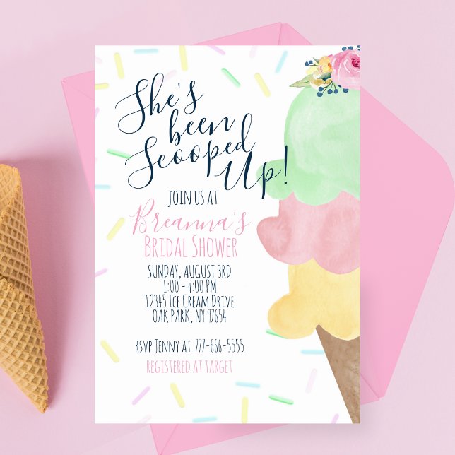Invitación La han sacado de la ducha de novia con helado (Watercolor She's Been Scooped Up Bridal Shower Invitations in Green, Pink and Yellow)
