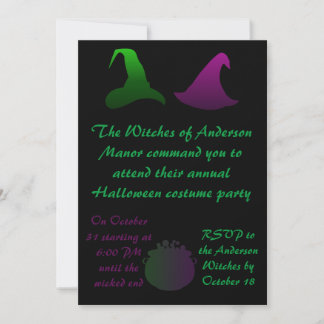 Invitación La hermana ve la fiesta de Halloween verde y púrpu