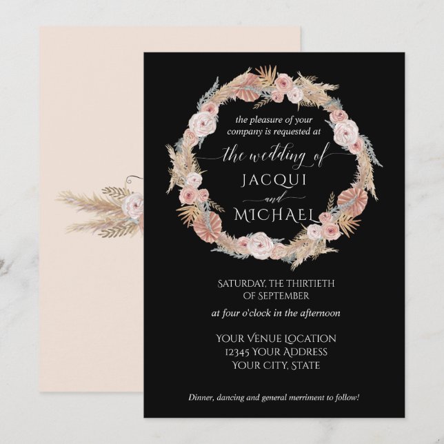 Invitación La hierba de Boho Pampas floral negra tropical (Anverso / Reverso)