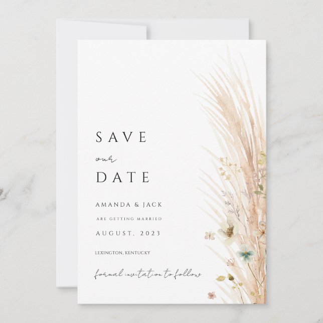 Invitación La hierba de Boho pampas salva la fecha minimalist (Anverso)