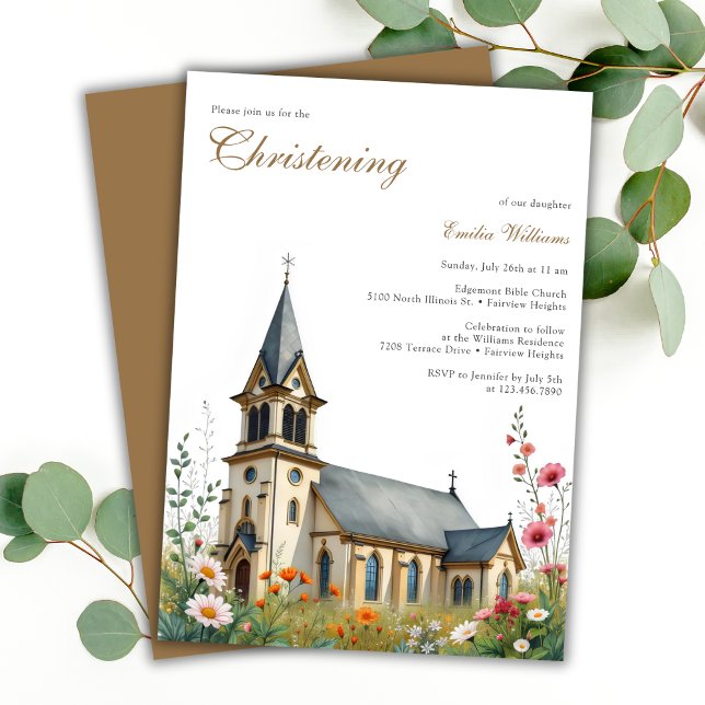 Invitación La Iglesia del Bautismo con Encanto de las Acuarel (Watercolor Charming Church Baptism Christening Invitation)