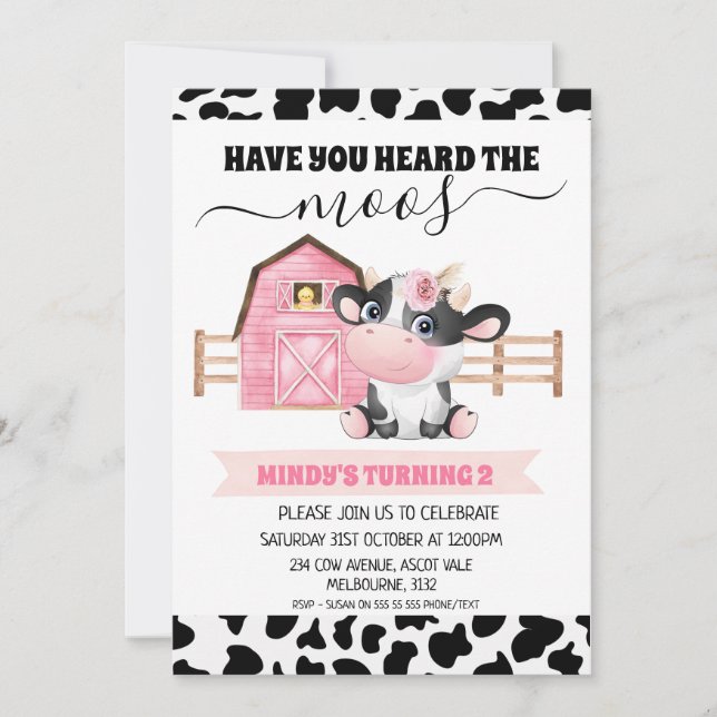 Invitación La Impresión De Las Vacas Barn Te Ha Oído El Cumpl (Anverso)