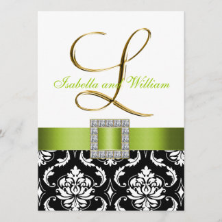 Invitación La inicial blanca negra verde L boda del damasco