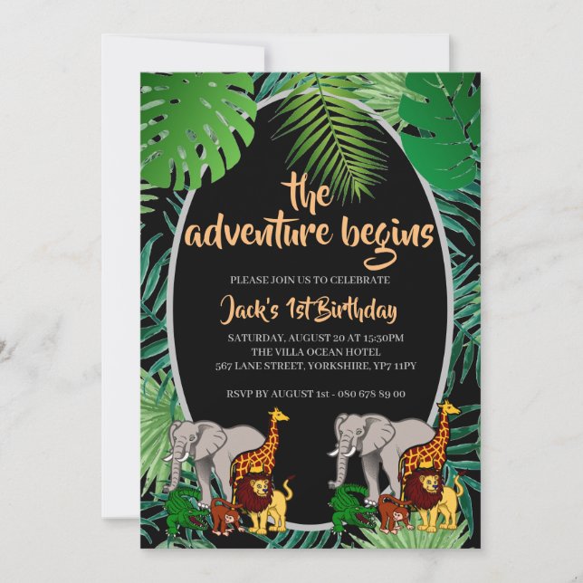 Invitación La jungla 1er cumpleaños La aventura empieza Safar (Anverso)